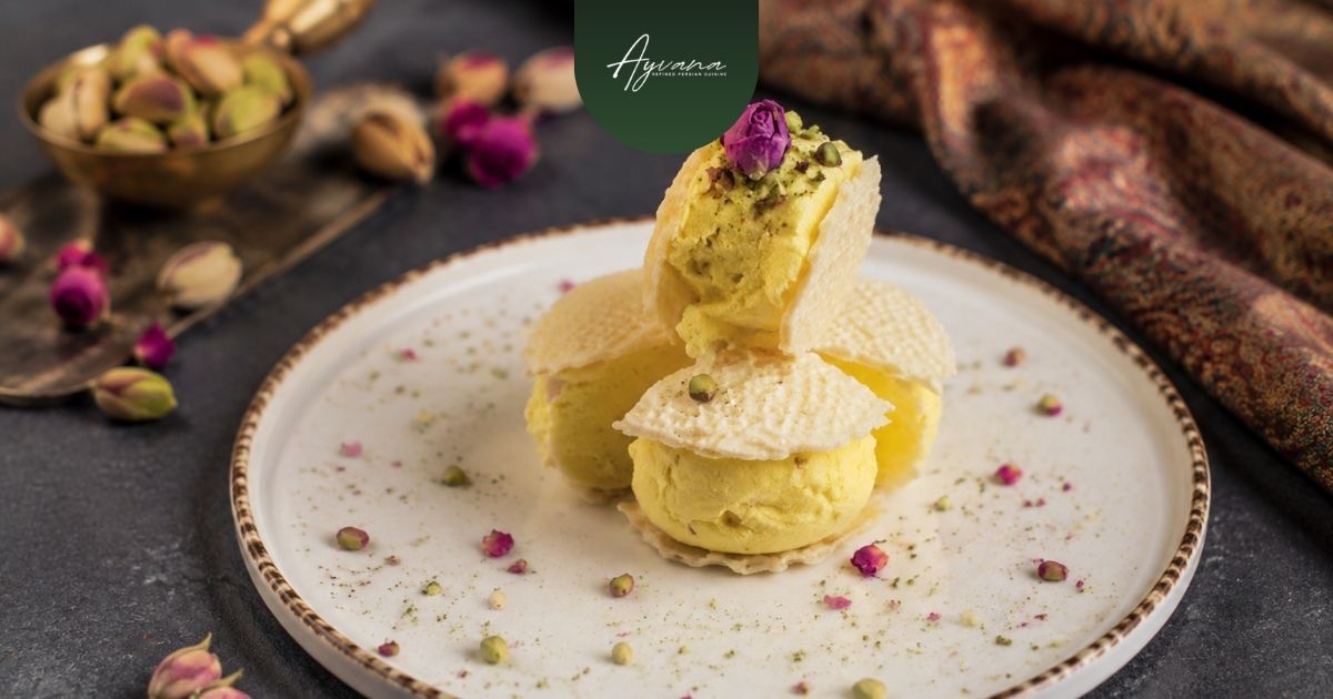 Bastani Sonnati Persian saffron ice cream topped with pistachios
