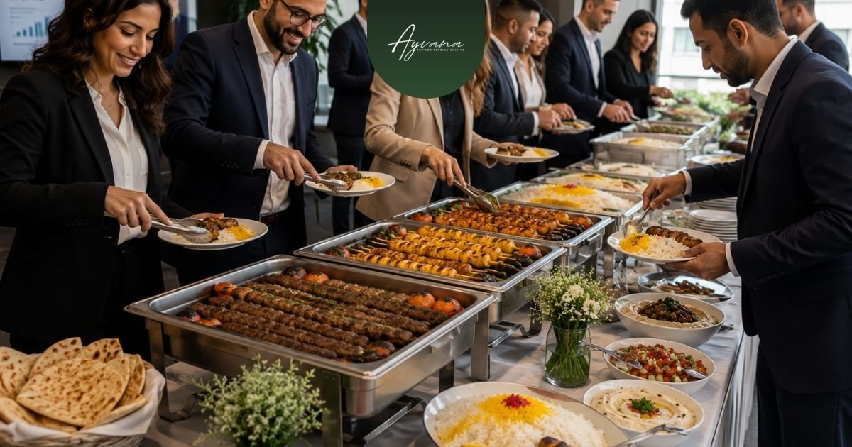 Corporate catering spread featuring koobideh kebab, joojeh kebab, mixed kebab platters, and Persian appetizers arranged for a business meeting or workplace event.