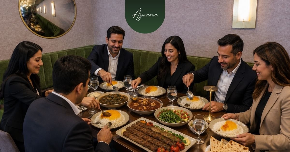 Persian private dining menu featuring soltani kebab, ghormeh sabzi, fesenjan, tahdig, and family-style platters served for executive dinners and corporate celebrations.