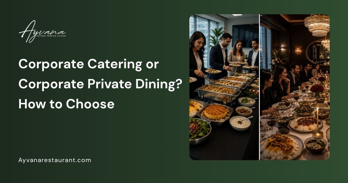 Comparison of corporate catering and private dining options, showing business professionals gathering in both an office catering setting and a restaurant private dining environment.