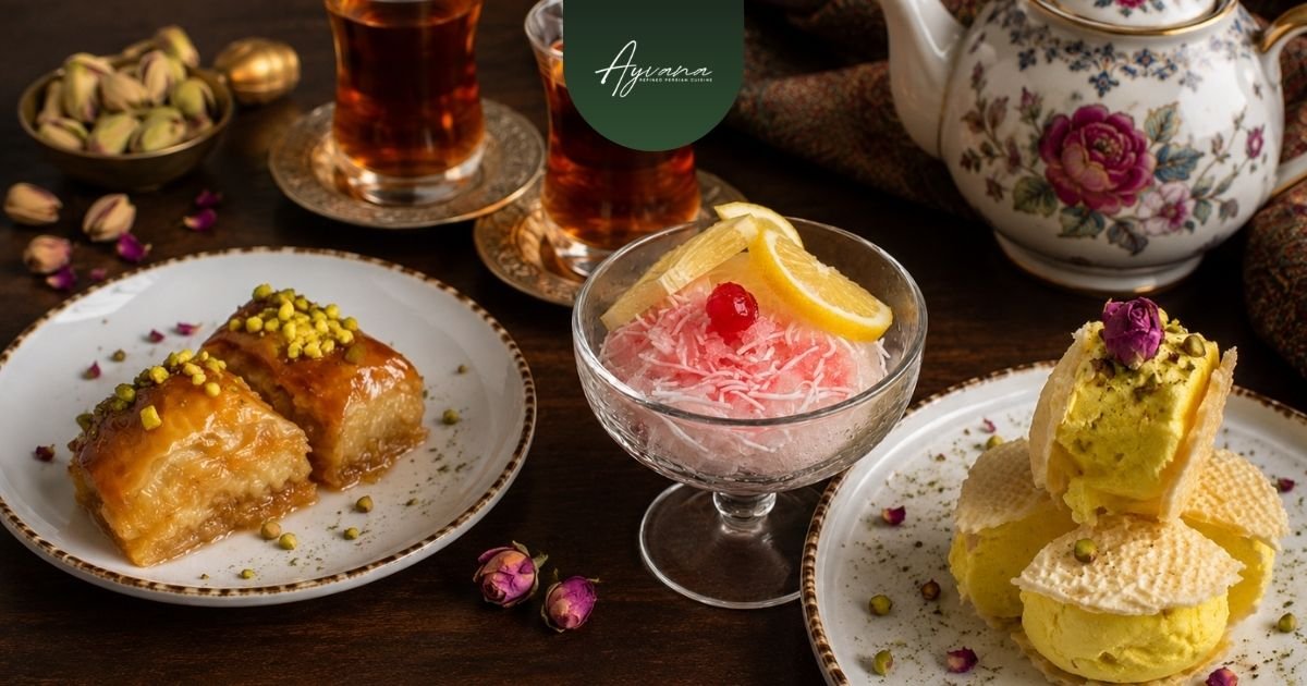 Persian desserts and tea service featuring baklava, Persian ice cream, faloodeh, and traditional Persian tea served as the finale to a shared meal.