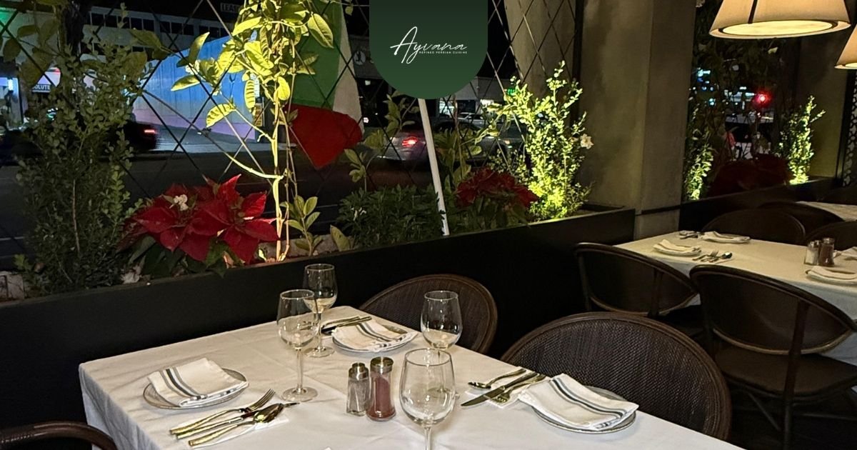 View of Ayvana Persian Restaurant's dining area with stylish d&eacute;cor, comfortable seating, and a welcoming environment for gatherings and celebrations.