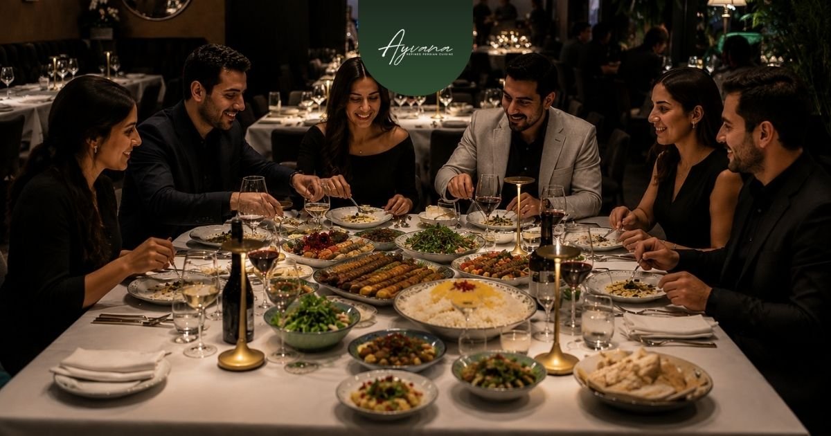 Family-style Persian dining with shared platters placed at the center of the table for guests to enjoy together