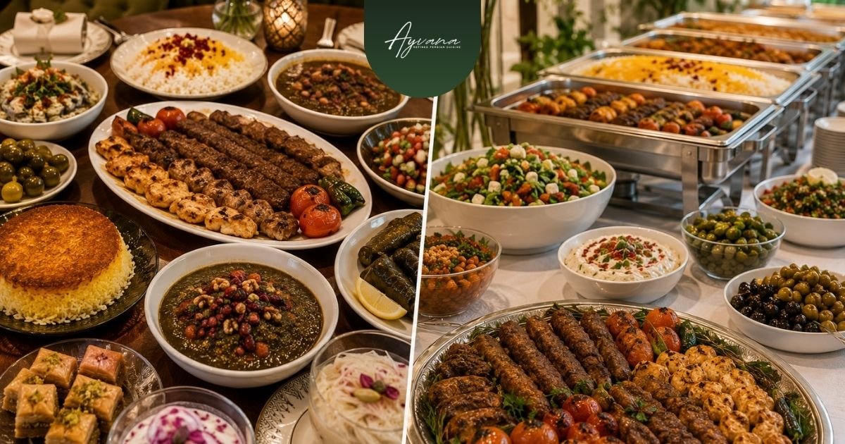 Assortment of Persian cuisine featuring kebabs, stews, tahdig, appetizers, desserts, and shared platters, showcasing dishes served in both private dining and catering settings.