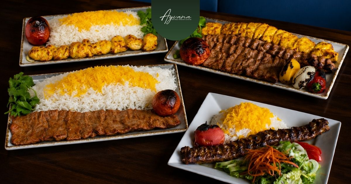 Mixed Persian grill platter featuring koobideh, barg, soltani, and chicken kabob served for sharing