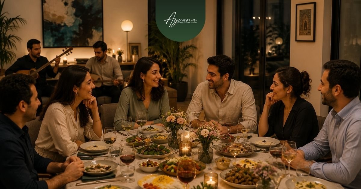Private Persian dinner party with music creating a warm and inviting atmosphere for guests
