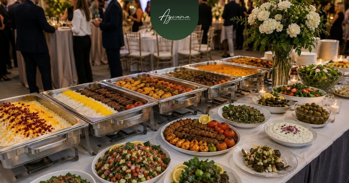 Persian catering setup at an event venue featuring traditional Persian dishes, shared platters, and buffet-style service prepared for a group gathering or celebration.