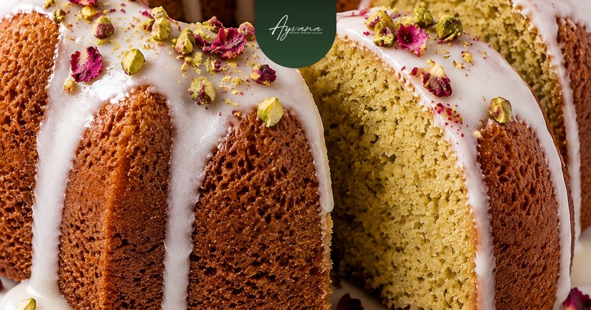 Persian Love Cake flavored with rosewater, cardamom, and pistachios served as an elegant dessert