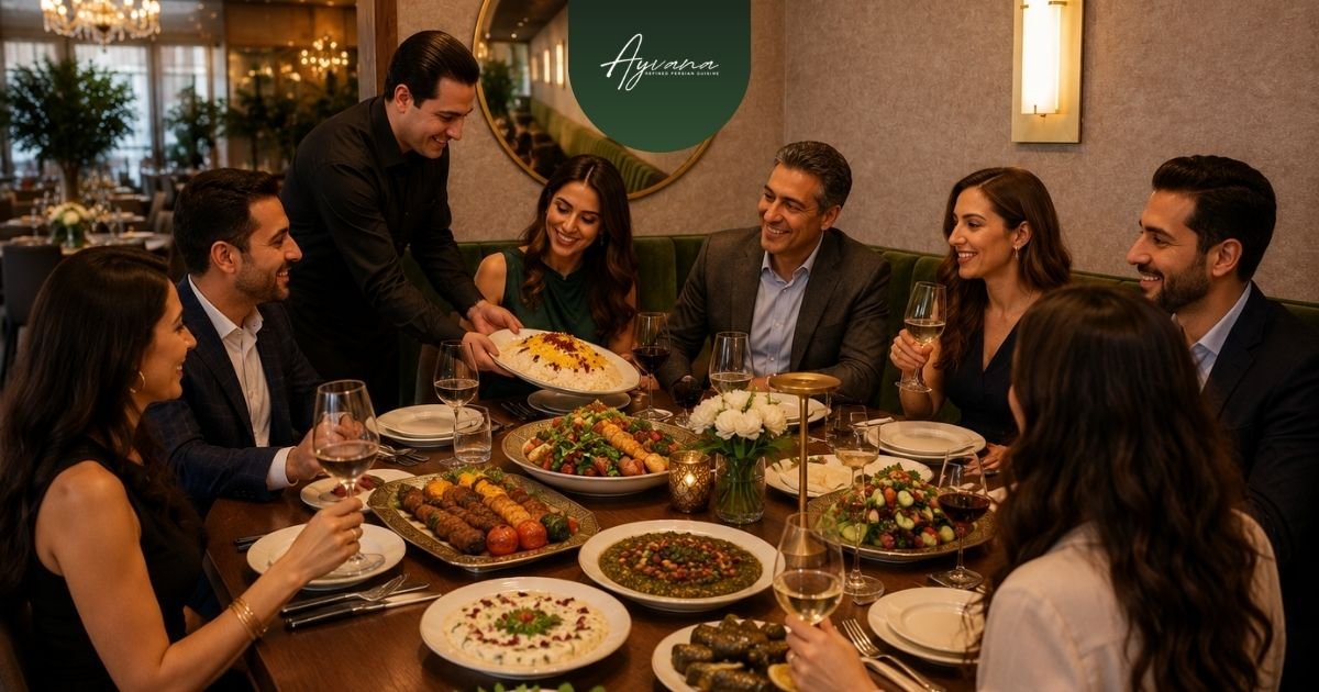 Guests enjoying Persian private dining in an elegant restaurant setting with shared dishes, professional service, and a welcoming atmosphere for group celebrations.