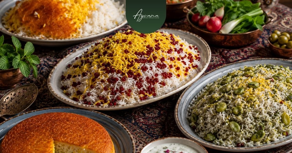 Traditional Persian rice dishes including saffron rice, zereshk polo, baghali polo, and crispy tahdig served as part of a shared Persian meal.