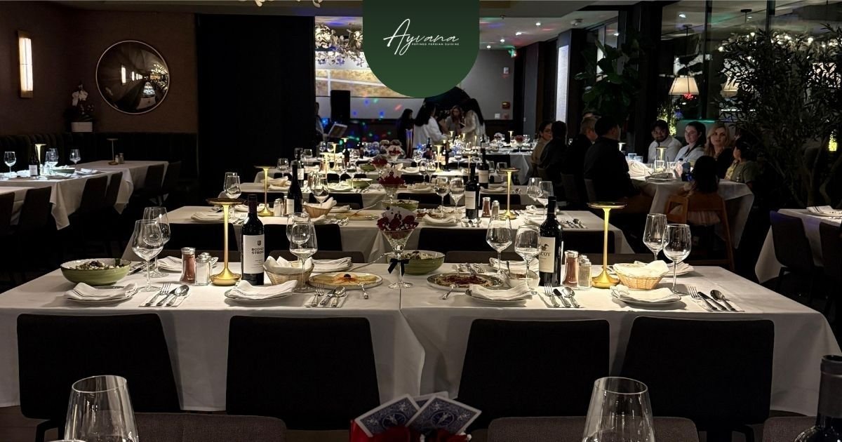 Interior view of Ayvana Persian Restaurant in Tarzana showcasing an elegant dining space for corporate events, business dinners, private dining gatherings, and company celebrations.
