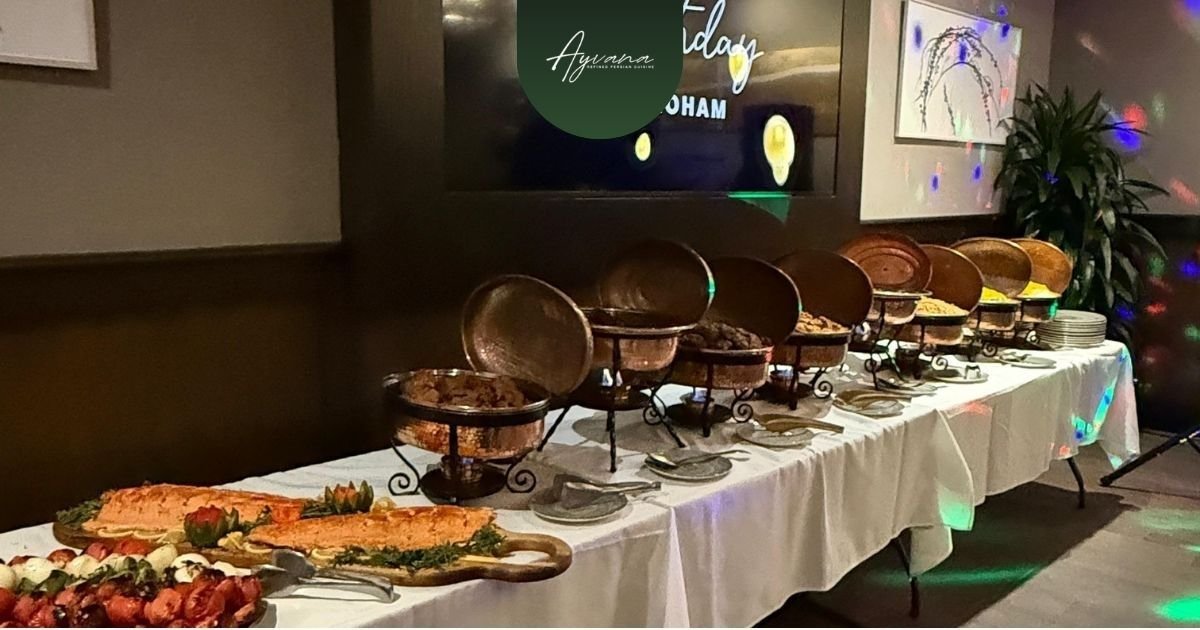 Illustration of Ayvana Persian Restaurant catering arrangements for a private event, featuring elegant Persian cuisine, buffet and plated service options, and event planning for group celebrations.