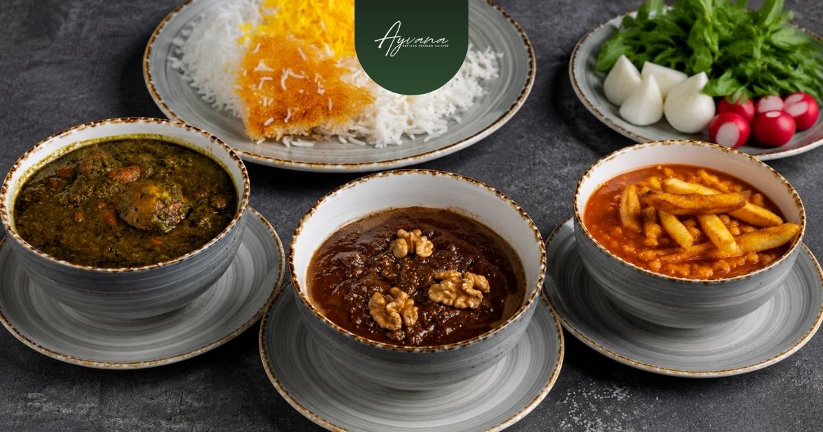Traditional Persian stews including ghormeh sabzi, fesenjan, and gheymeh served family-style with rice