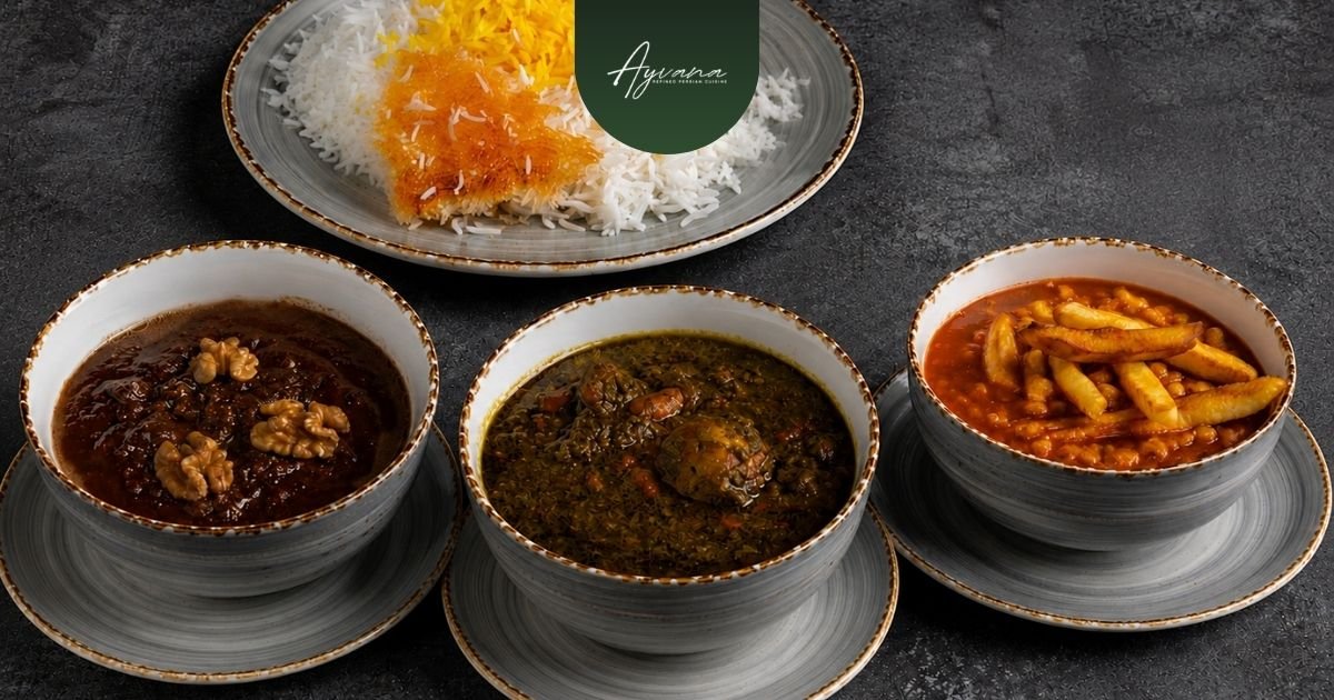 Traditional Persian stews for family gatherings, including ghormeh sabzi, fesenjan, and gheymeh served alongside Persian rice dishes.