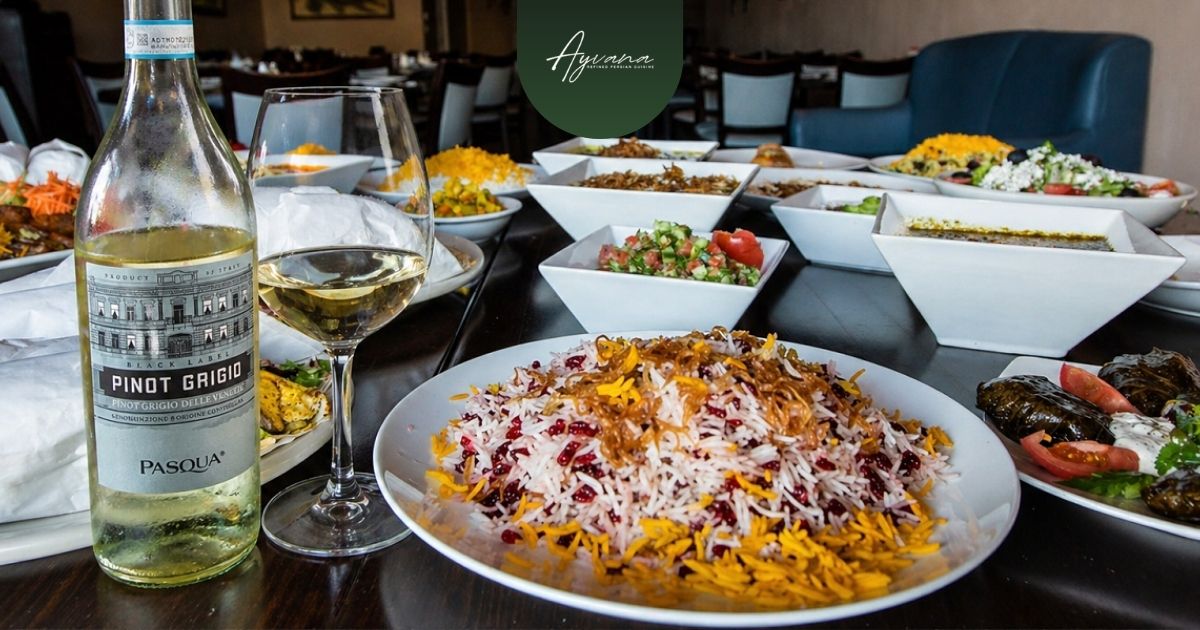 Pinot Grigio with Persian rice dish highlighting balanced flavors, herbs, saffron, and acidity in refined pairing experience
