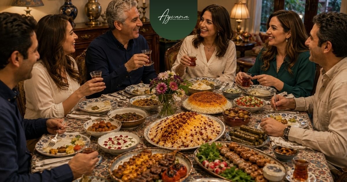 Traditional Persian gathering with guests sharing a meal, enjoying tea, and engaging in conversation around a welcoming table that reflects the warmth and generosity of Persian hospitality.